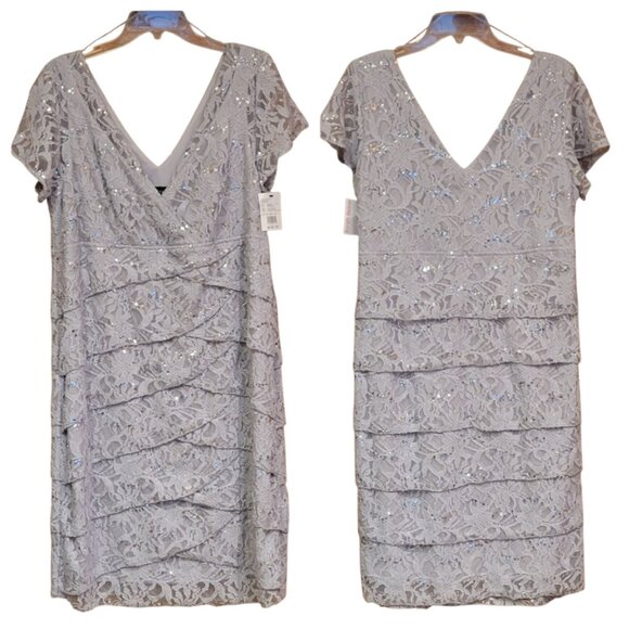 Scarlett Sequence Tiered Sequin Lace Silver Cocktail Evening Party Dress NEW 16W - Picture 2 of 14